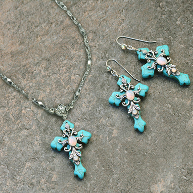 Turquoise Cross and Opal Stone Necklace and Earrings Set - Sweet Romance Wholesale