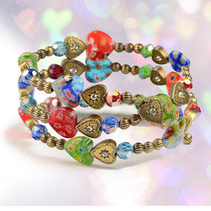 Millefiori Glass Candy Heart Wrap Bracelet BR559 - Sweet Romance Wholesale