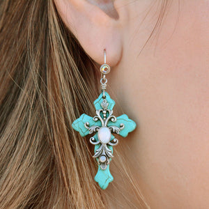 Turquoise Cross and Opal Stone Necklace and Earrings Set - Sweet Romance Wholesale