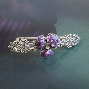 Enamel Pansy on Silver Hair Barrette  B509