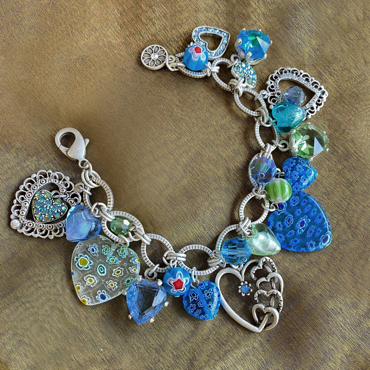 Blue and Silver Millefiori Heart Charm Bracelet - Sweet Romance Wholesale