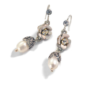 Dainty Rose & Pearl Dangle Earrings - Sweet Romance Wholesale