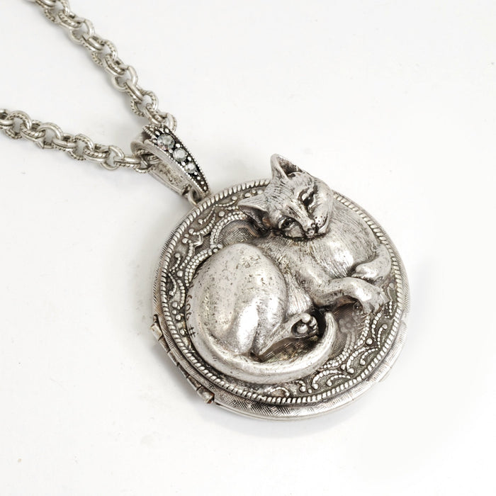 Purrson Cat Locket Necklace in Silver or Bronze - Sweet Romance Wholesale
