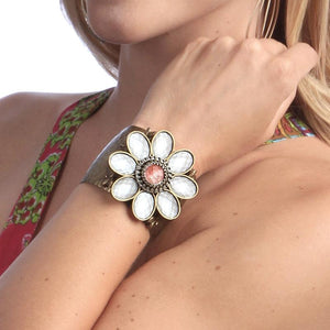 Retro White & Pink Flower Cuff Bracelet OL_BR112 - Sweet Romance Wholesale
