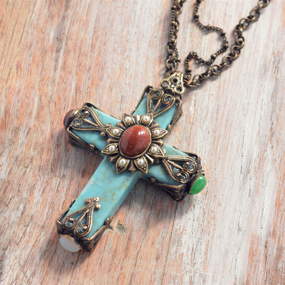 Cathedral Turquoise Cross Necklace Religious Necklace Sweet