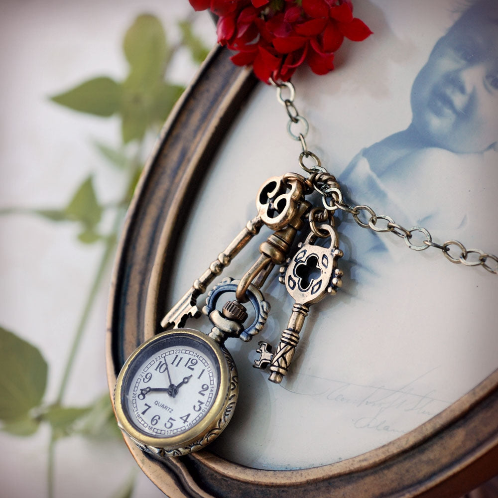 Steampunk Pocket Watch and Antique Key Necklace N311 - Sweet Romance Wholesale