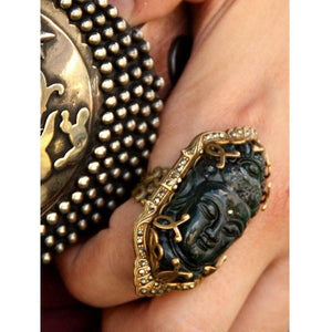 Art Deco Hand Carved Black Buddha GuanYin Marcasite Ring R327 - Sweet Romance Wholesale