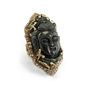 Art Deco Hand Carved Black Buddha GuanYin Marcasite Ring R327 - Sweet Romance Wholesale