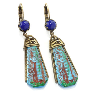 Art Deco Blue Goddess Egyptian Vintage Czech Glass Earrings E305 - Sweet Romance Wholesale