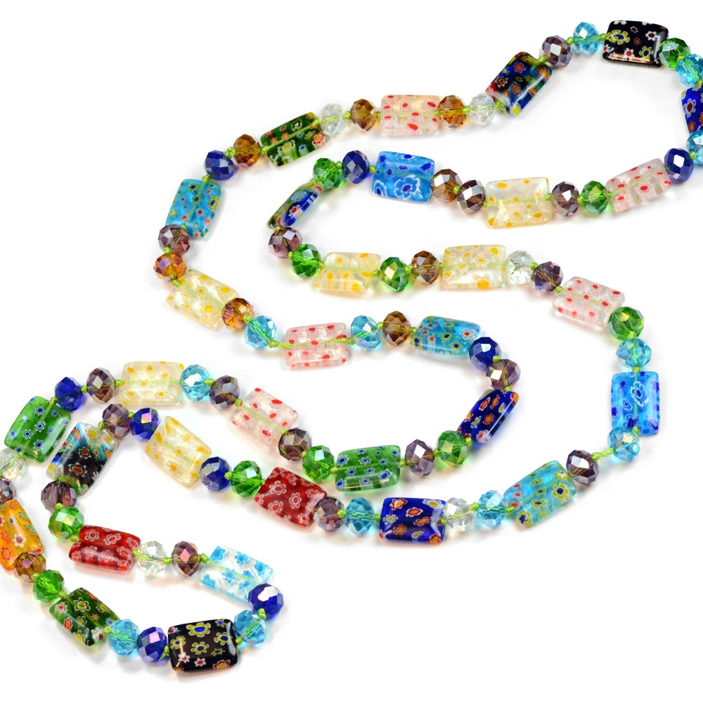 Long Millefiori Glass Rectangle Knotted Beads Necklace - Sweet Romance Wholesale