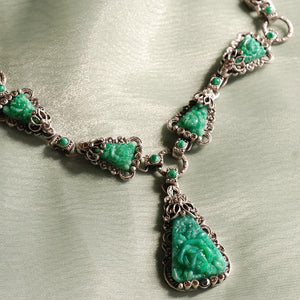 Art Deco Vintage Green Jade Glass Triangle Necklace N1095 - Sweet Romance Wholesale