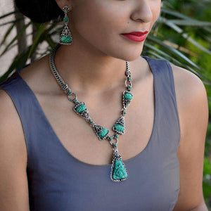 Art Deco Vintage Green Jade Glass Triangle Necklace and Earrings Set NE1095SET - Sweet Romance Wholesale