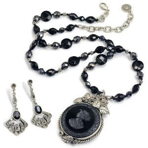 Delphine Jet Intaglio Necklace and Earrings Set N1281-E1366 - Sweet Romance Wholesale