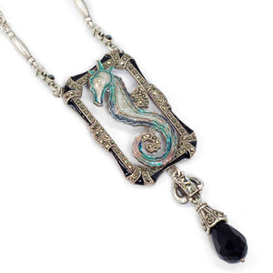 Art Deco Enamel Seahorse Marcasite Necklace N1293 - Sweet Romance Wholesale
