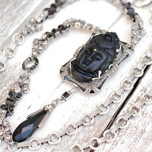 Art Deco Hand Carved Buddha GuanYin Black and Silver Necklace N1334 - Sweet Romance Wholesale
