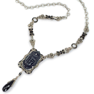 Art Deco Hand Carved Buddha GuanYin Black and Silver Necklace N1334 - Sweet Romance Wholesale