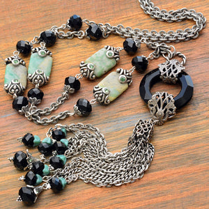 Art Deco Black and Silver Jade Asian Tassel Necklace N1336 - Sweet Romance Wholesale