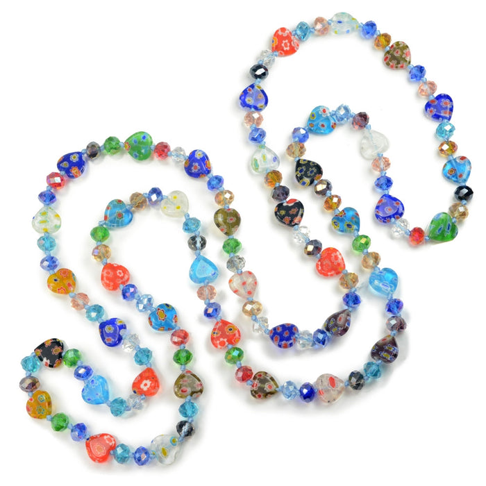 Millefiori Glass Hearts Knotted Beads Necklace - Sweet Romance Wholesale