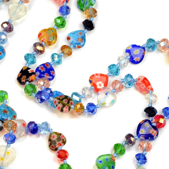 Millefiori Glass Hearts Knotted Beads Necklace - Sweet Romance Wholesale