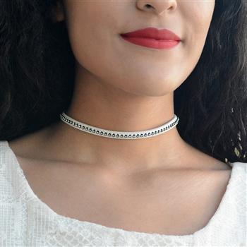 White Leather Crystal Studded Choker Necklace N1476 - Sweet Romance Wholesale