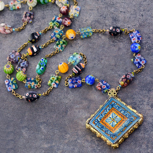 Millefiori Beads Talavera Tile Pendant Necklace n1483 - Sweet Romance Wholesale