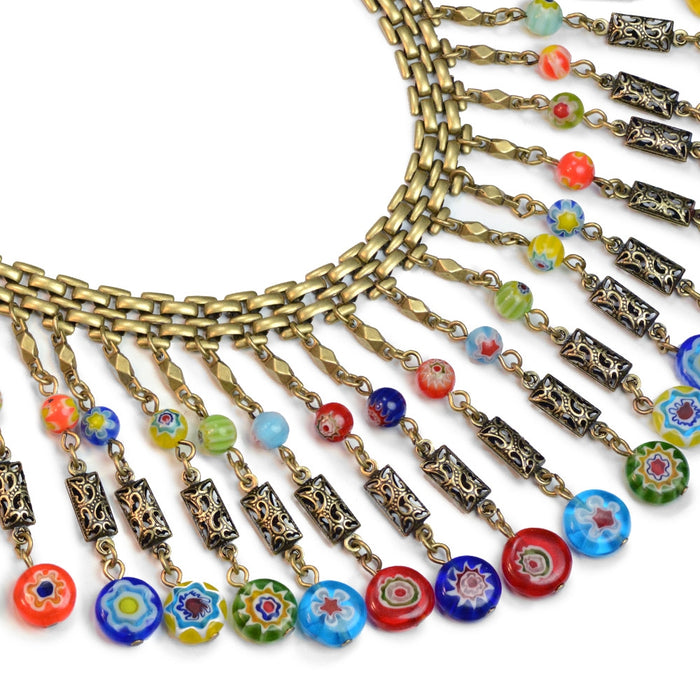 Millefiori Glass Bead Boho Fringe Choker Collar Necklace N1484 - Sweet Romance Wholesale