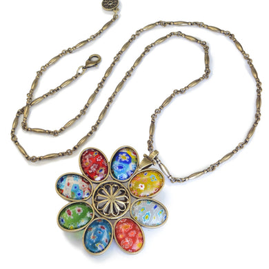 Millefiori Glass Candy Flower Pendant Vintage Necklace - Sweet Romance Wholesale