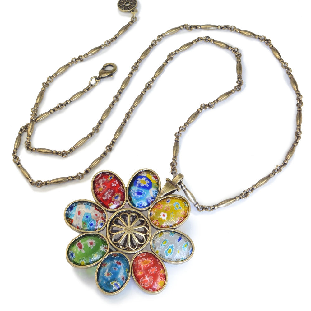 Millefiori Glass Candy Flower Pendant Vintage Necklace - Sweet Romance Wholesale