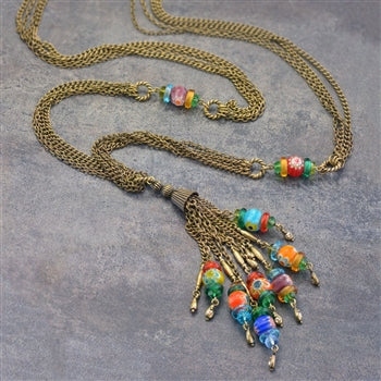 Millefiori Glass Candy Chain Tassel Necklace - Sweet Romance Wholesale