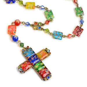 Millefiori Glass Candy Cross Rosary Necklace - Sweet Romance Wholesale