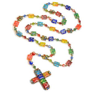 Millefiori Glass Candy Cross Rosary Necklace - Sweet Romance Wholesale
