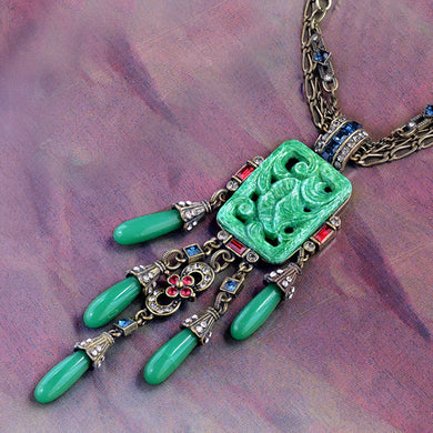 Art Deco Asian Vintage Green Jade Glass Fringe Necklace N3383 - Sweet Romance Wholesale