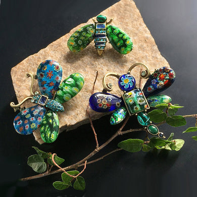 Millefiori Glass Insect Pins Set of 3 Blue Green - Sweet Romance Wholesale