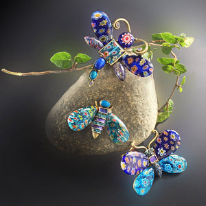 Millefiori Glass Insect Pins Set of 3 Blue Green - Sweet Romance Wholesale