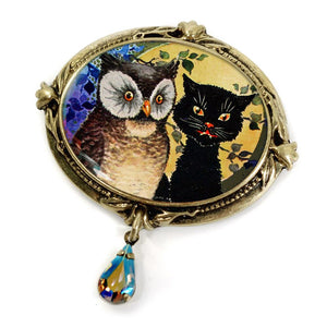 Owl and Black Cat Halloween Pin - Sweet Romance Wholesale