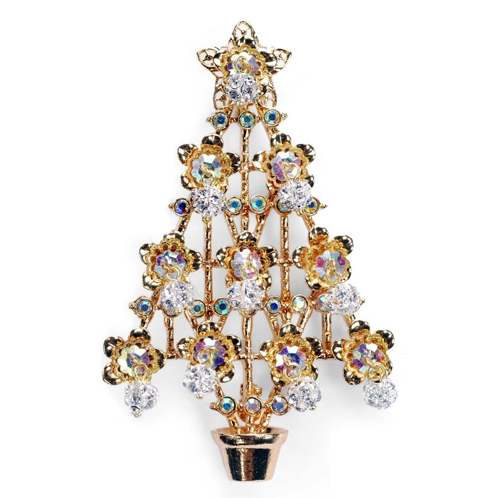 Christmas Tree Pin - Gold & Crystal P370 - Sweet Romance Wholesale