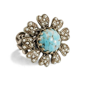 Turquoise & Pearl Flower Ring - Sweet Romance Wholesale